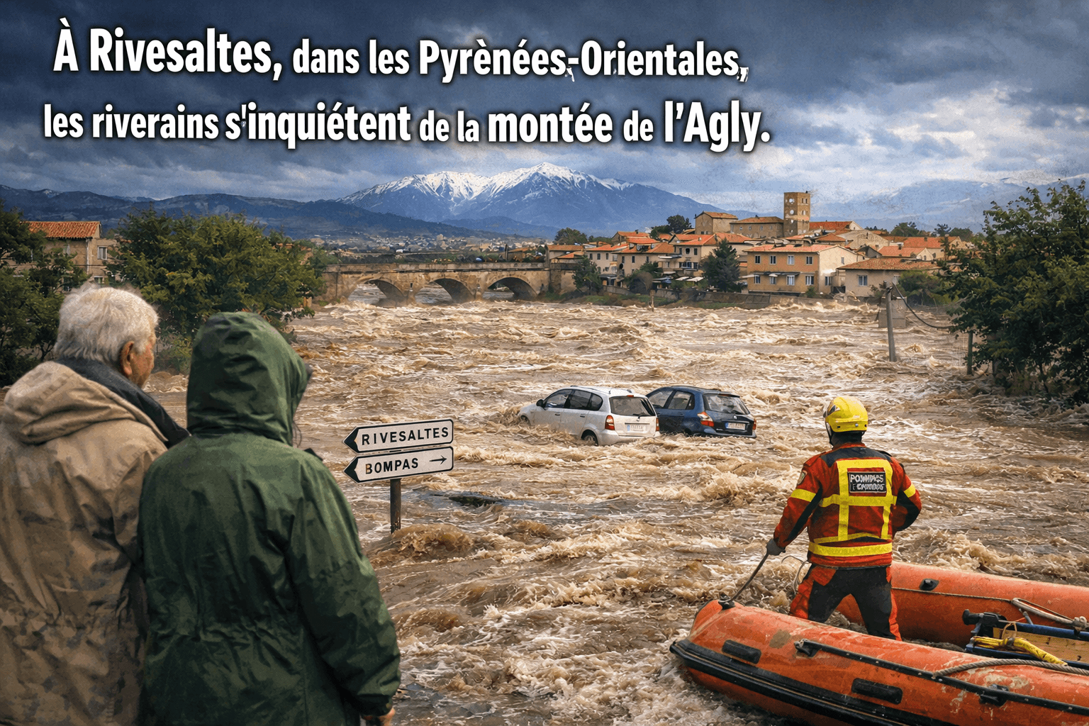 Rivesaltes amenazado por inundaciones: el río Agly crecido preocupa a los habitantes locales.