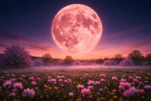 Pleine lune rose d’avril dans un ciel de printemps avec fleurs et paysage printanier